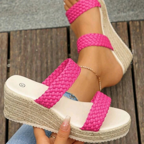 Women Summer Vacation Hot Pink Woven Wedge High Heel Platform Slides - Picture 1 of 5